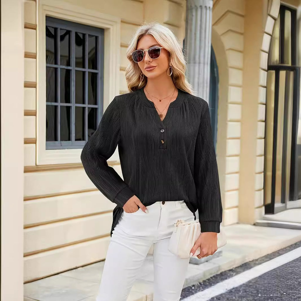 Solid Color And V-neck Button Casual Shirt Women's Top