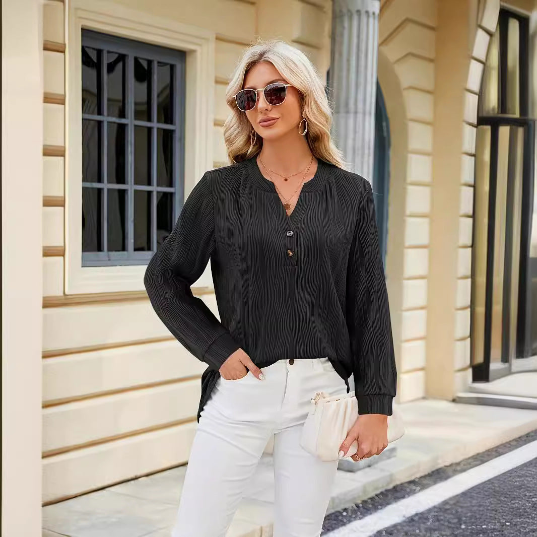Solid Color And V-neck Button Casual Shirt Women's Top