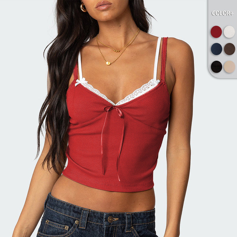 Women's Bow Collage Contrast Color Lace Fake Two-piece Top