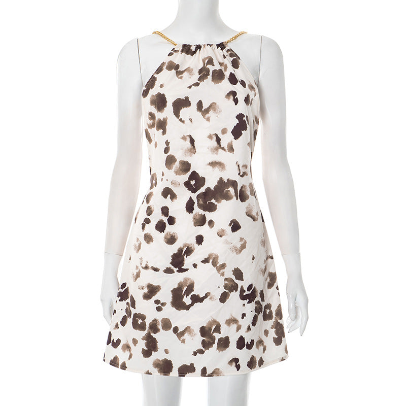 Fashion Irregular Pattern Print Halter Backless Sling Dress