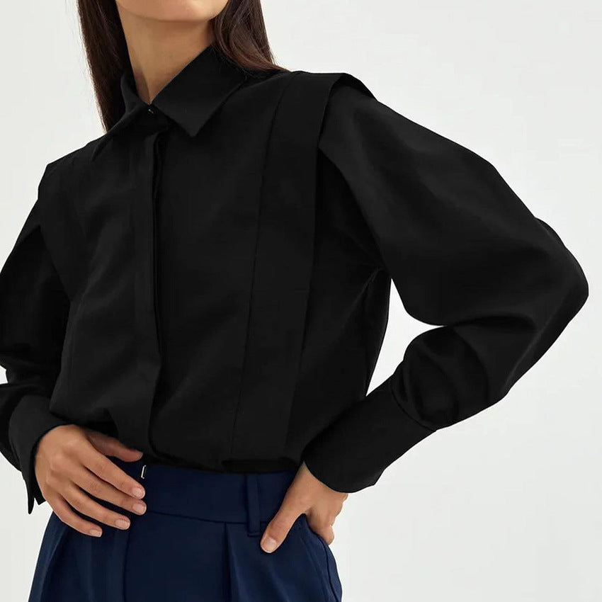 Niche European, American And French Style Commuter Right-angle Shoulder Slimming Shirt Women's Long Sleeve Stitching Sense