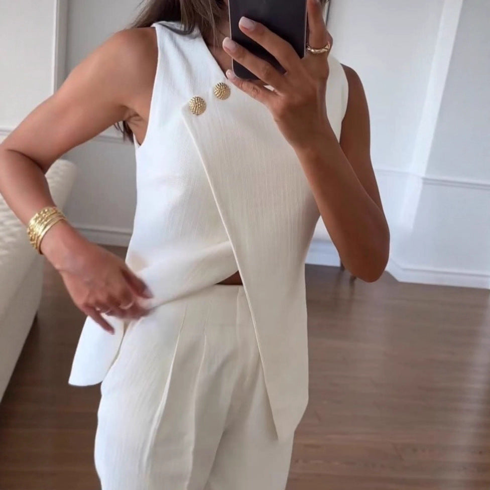 Solid Color Versatile Casual Sleeveless Suit Set