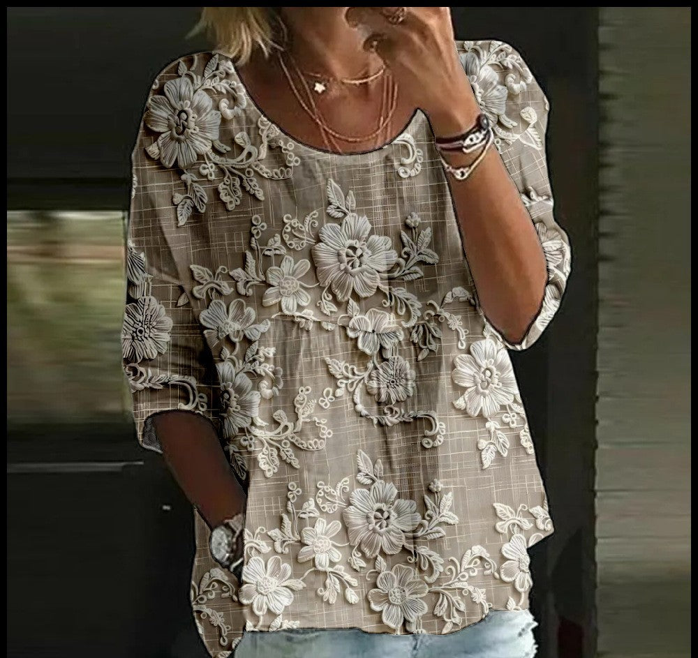 Women's T-shirt Casual Spider Bat Digital Print Mid Sleeve Pleated Round Neck Top