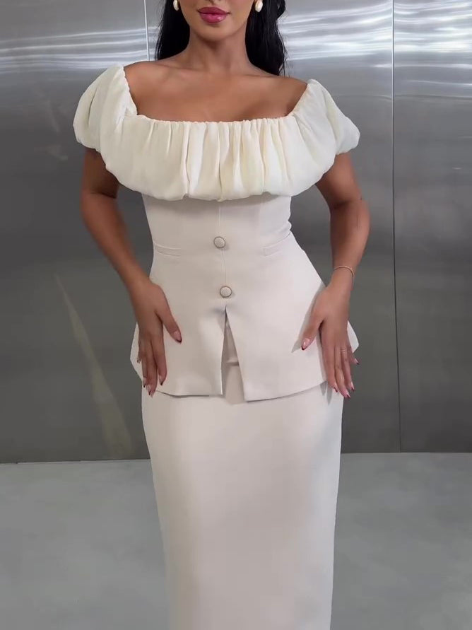 Ivory Off Shoulder Ruffle Top & Tailored High Waisted Skirt 2-Piece Set