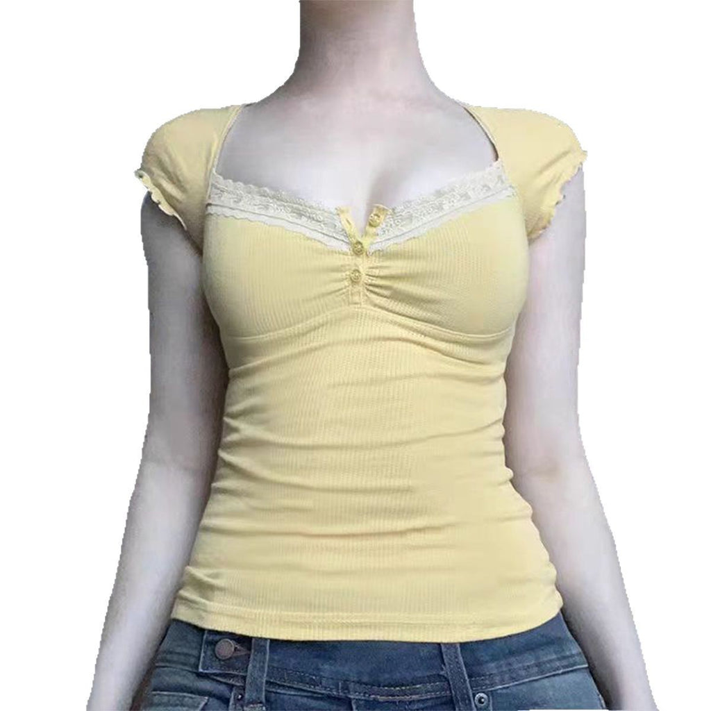 Y2g Lace Stitching Square Collar Knitted T-shirt Sweet Hot Girl Slim Short-sleeved Tops
