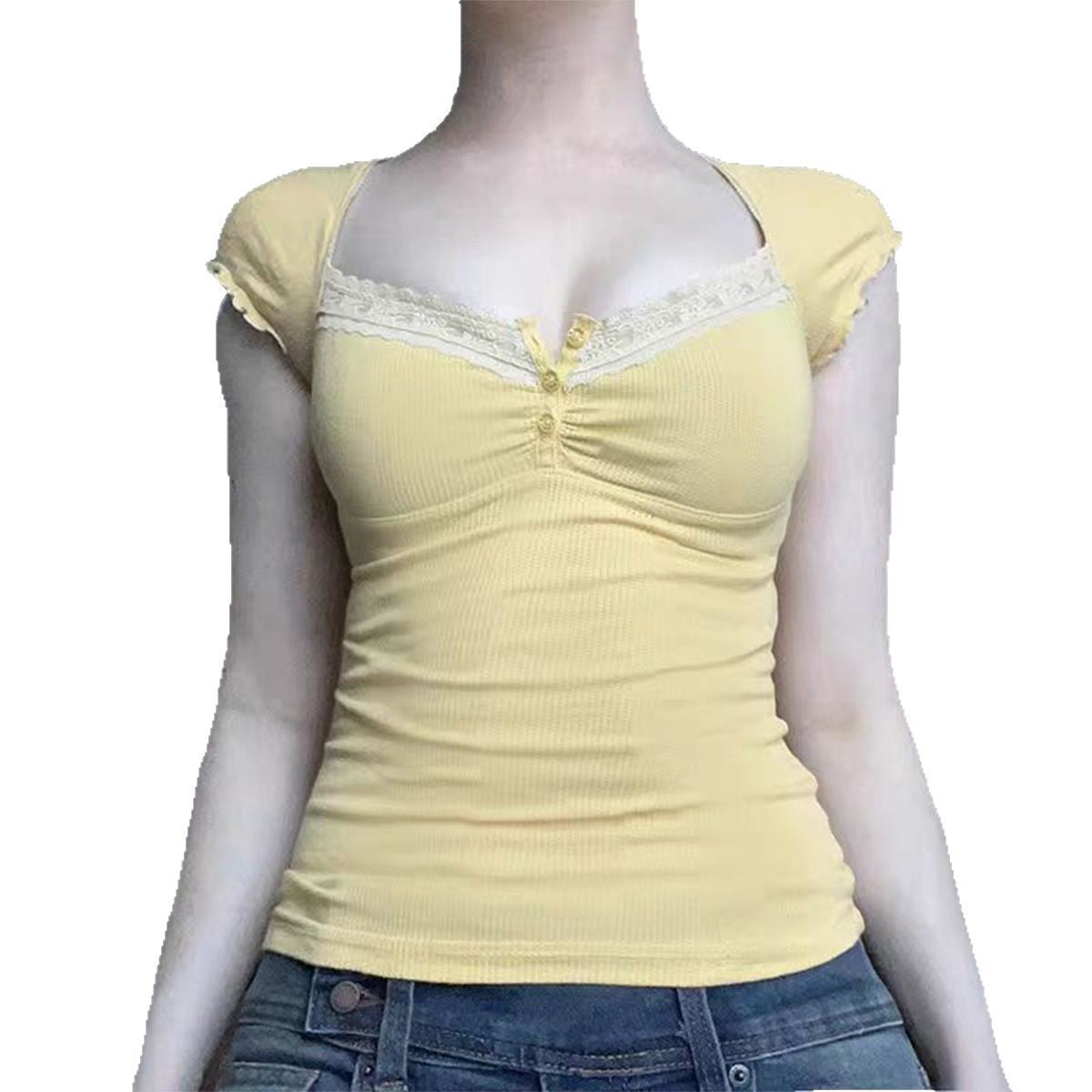 Y2g Lace Stitching Square Collar Knitted T-shirt Sweet Hot Girl Slim Short-sleeved Tops