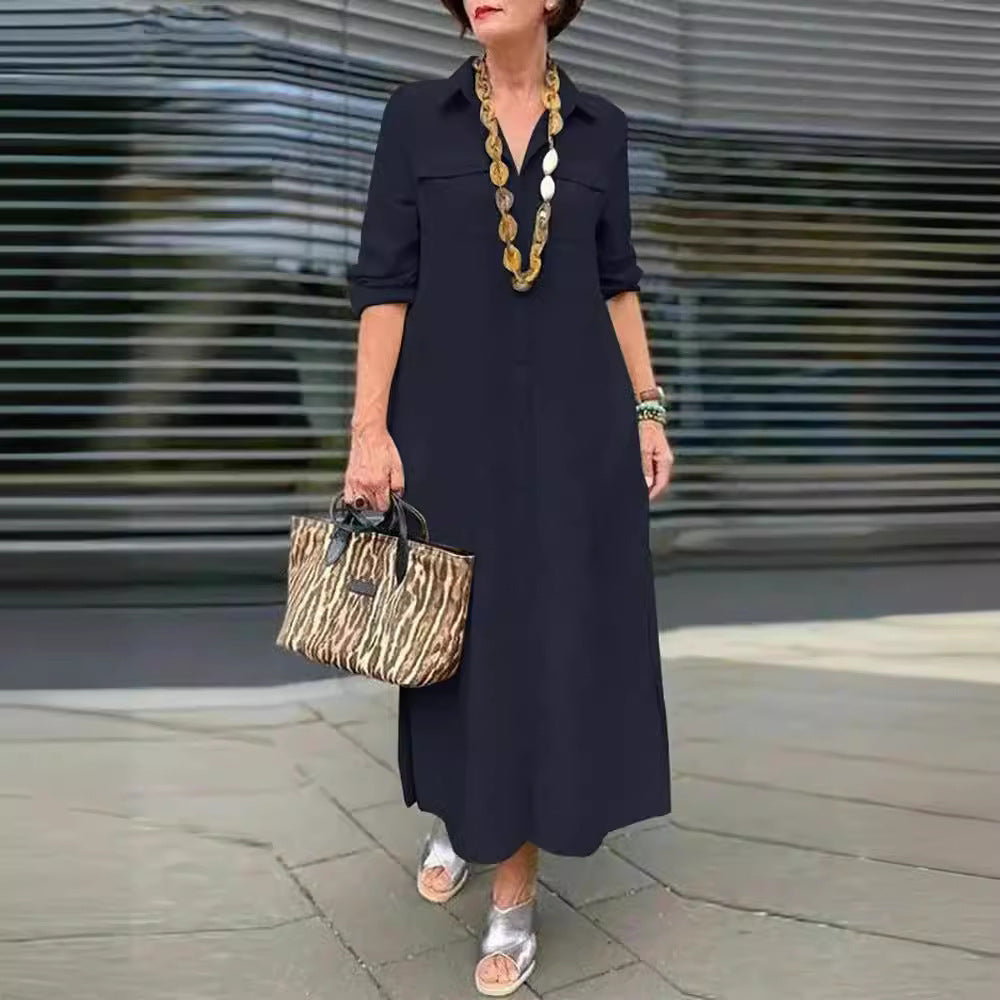 Elegant Solid Color Long Sleeve Button Lapel Dress