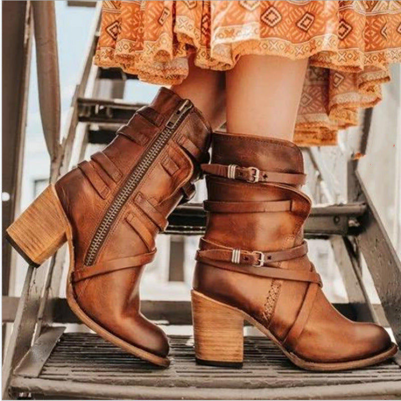 Womens Retro High-Heel Chunky-Heel Side Zipper Ankle Boots With Buckle Details
