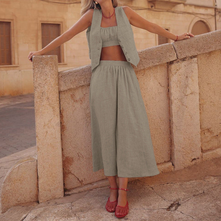 Cotton Sleeveless Top Camisole Skirt Three-piece Set