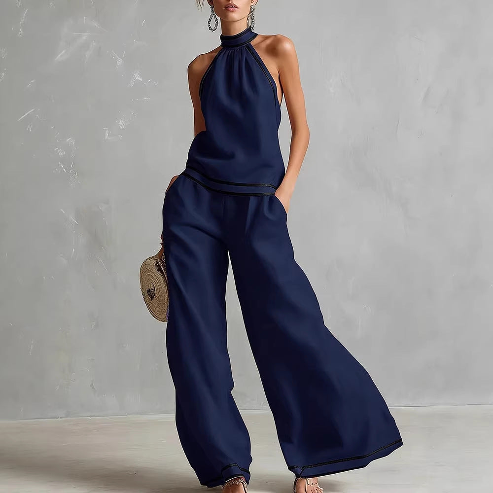Striped Patchwork Halter-neck Sleeveless Wide-Leg Pants Set