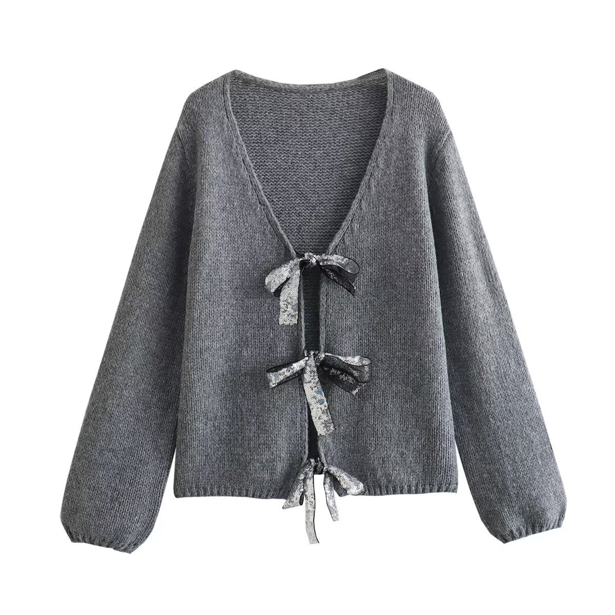 V-neck Long Sleeve Sequined Bow Tie Knitted Cardigan Sweater