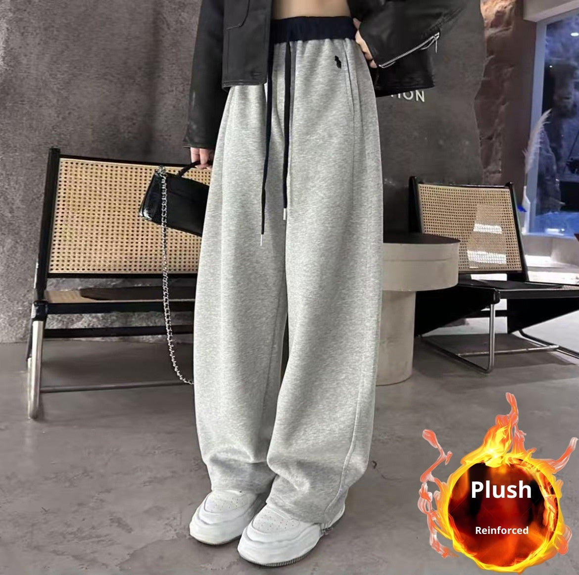 Embroidered Color-block High-waist Fleece Wide-leg Pants Women