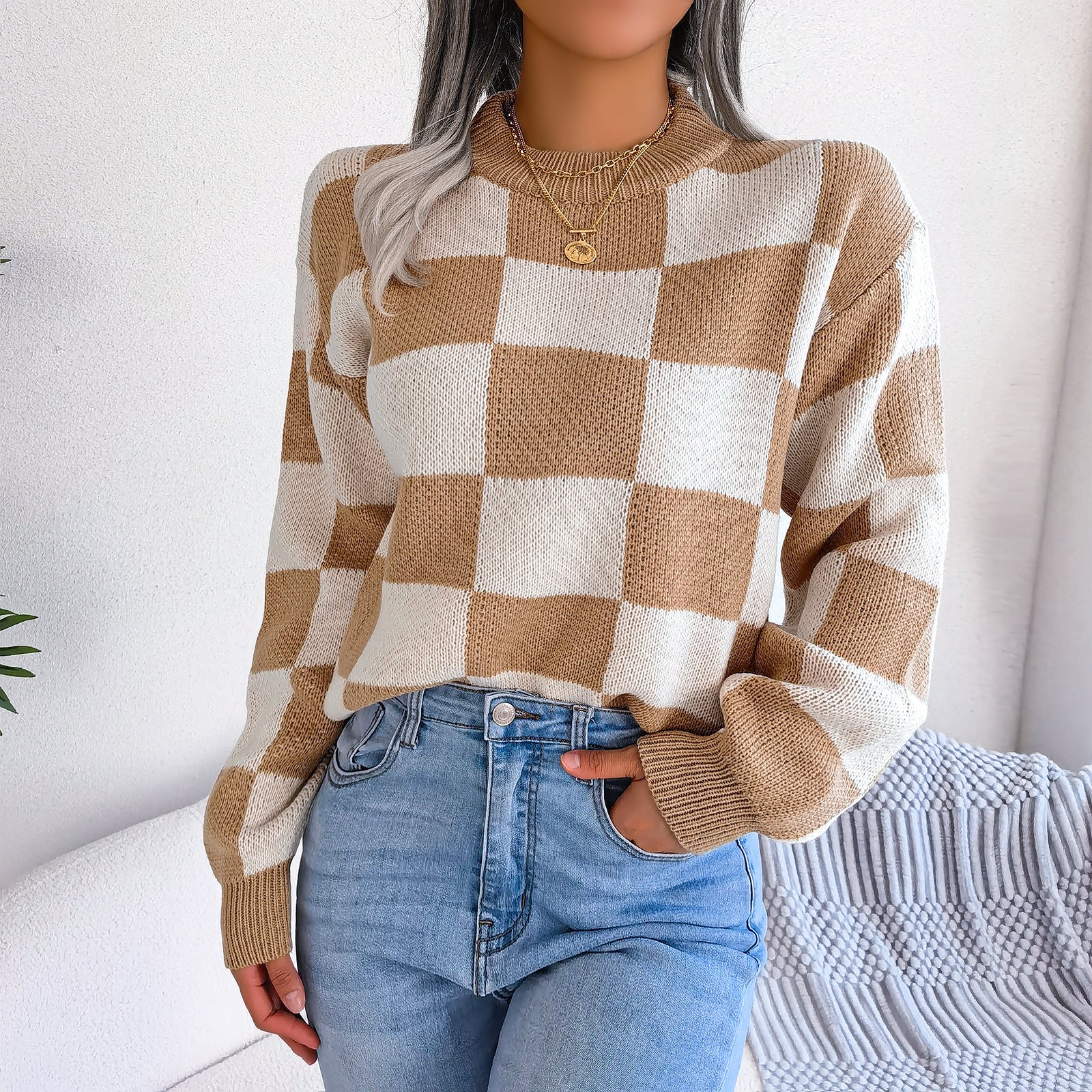 Street Style Color Block Plaid Long Sleeve Pullover Knit Sweater