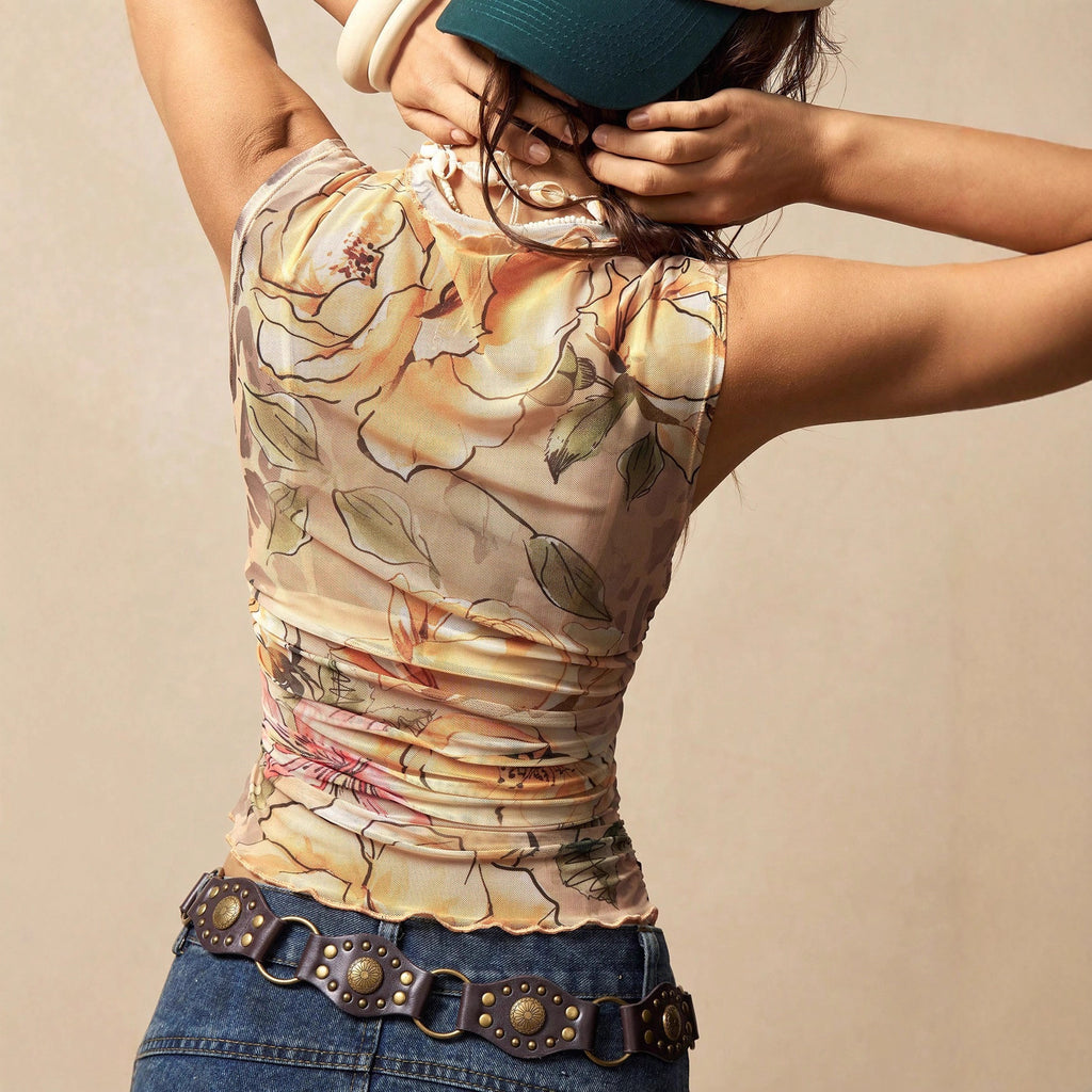 New Sleeveless High-neck Fashionable Floral Slim-fit Slimming Top