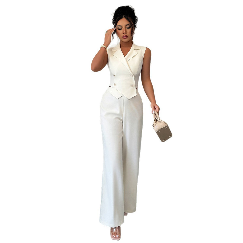 Elegant Waist-cinching Top Paired With A Flowy Wide-leg Pantsuit