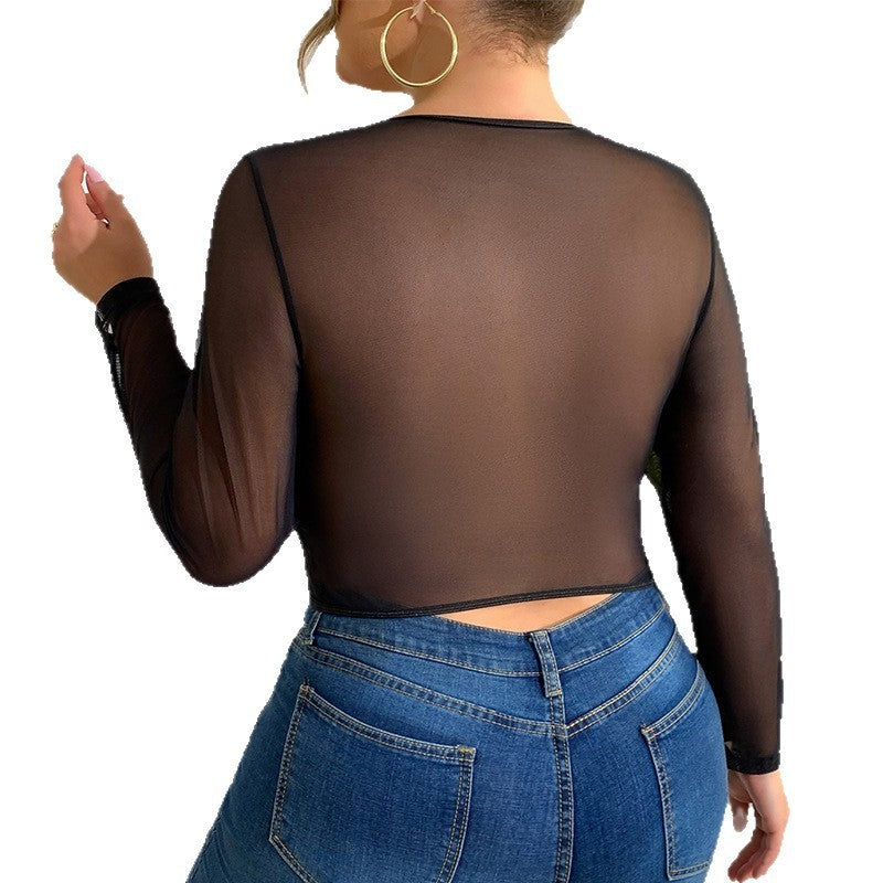 Plus Size Sexy Lace See-through Stitching New European And American Mesh Hot Girl Outer Wear Underwear Top
