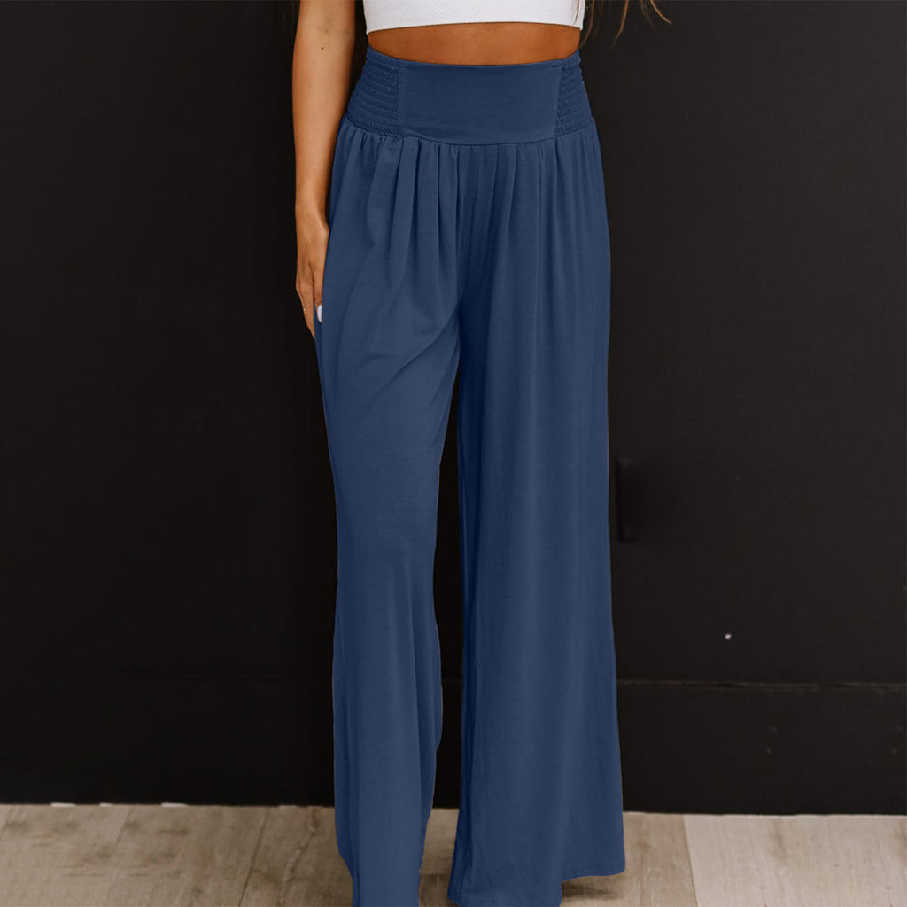 Women's Casual Cotton And Linen Smocking Distressed Mid-waist Trousers