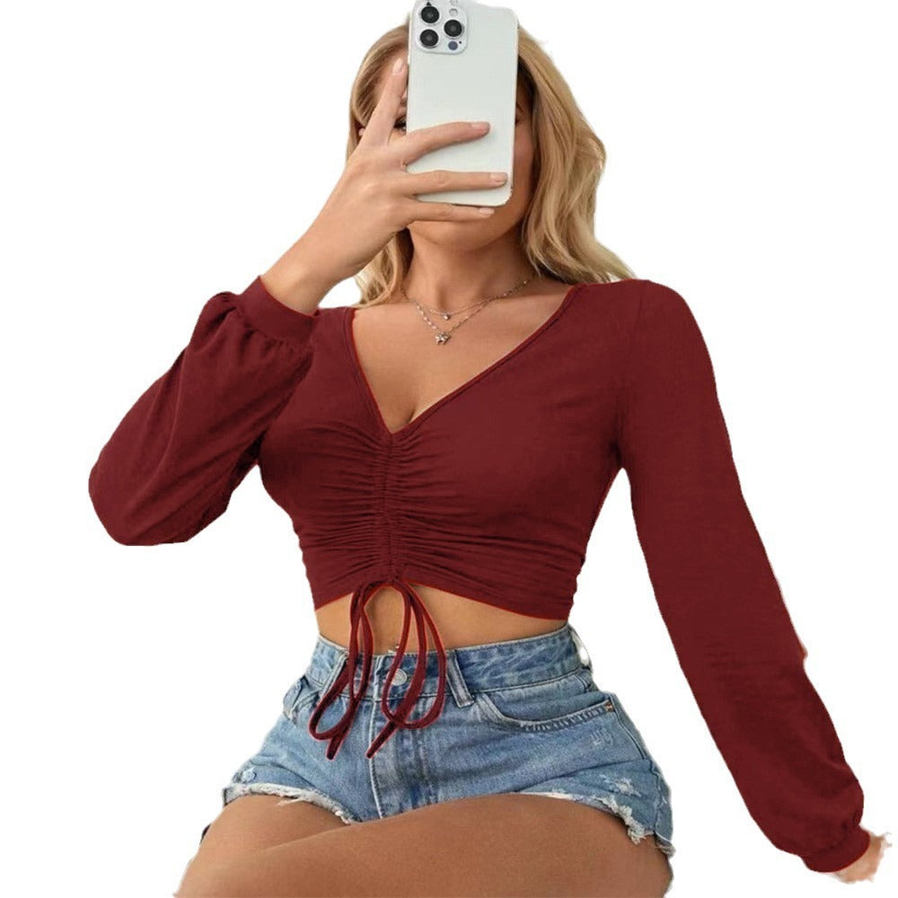 Women's New Short Sexy Solid Color Drawstring Top