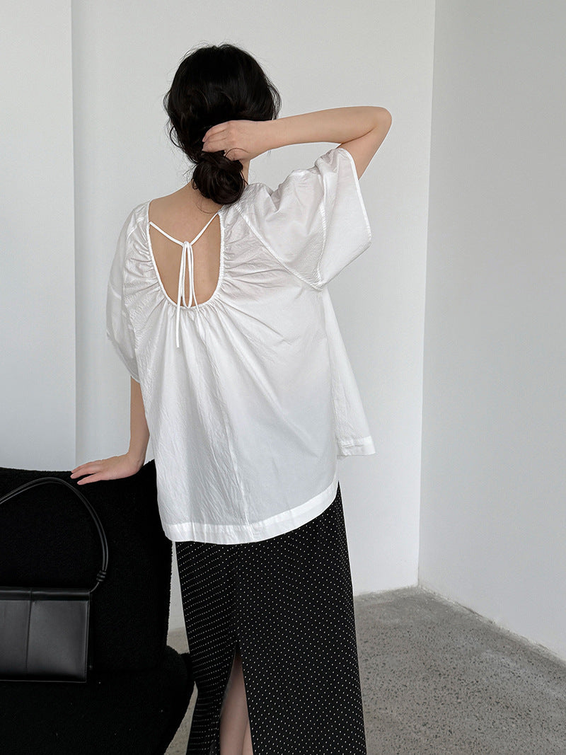 Korean Style Back Strap Backless Youthful Undershirt Pleated Round Neck