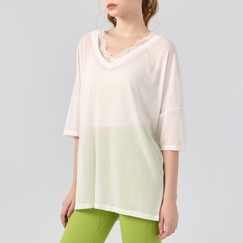 Pilates Yoga Clothes V-neck Lace Solid Color Short Sleeve Blouse