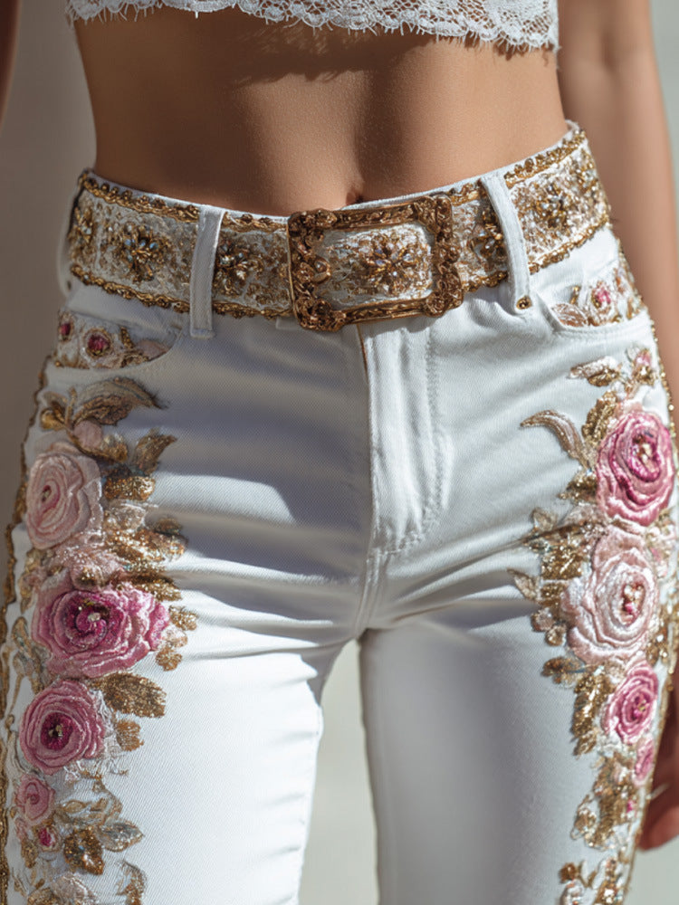 Womens Denim Jeans  Womens Trousers With Colorful 3D Floral Prints