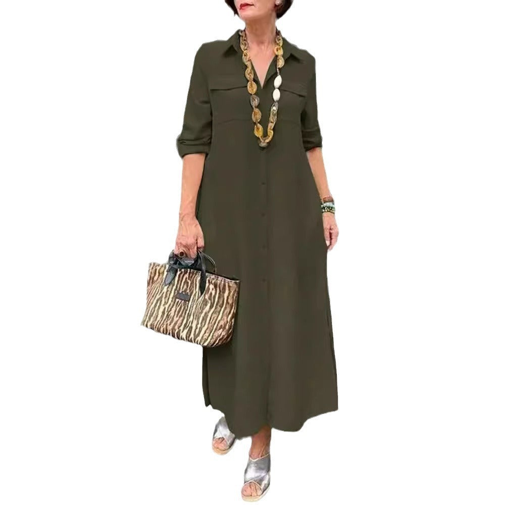 Elegant Solid Color Long Sleeve Button Lapel Dress