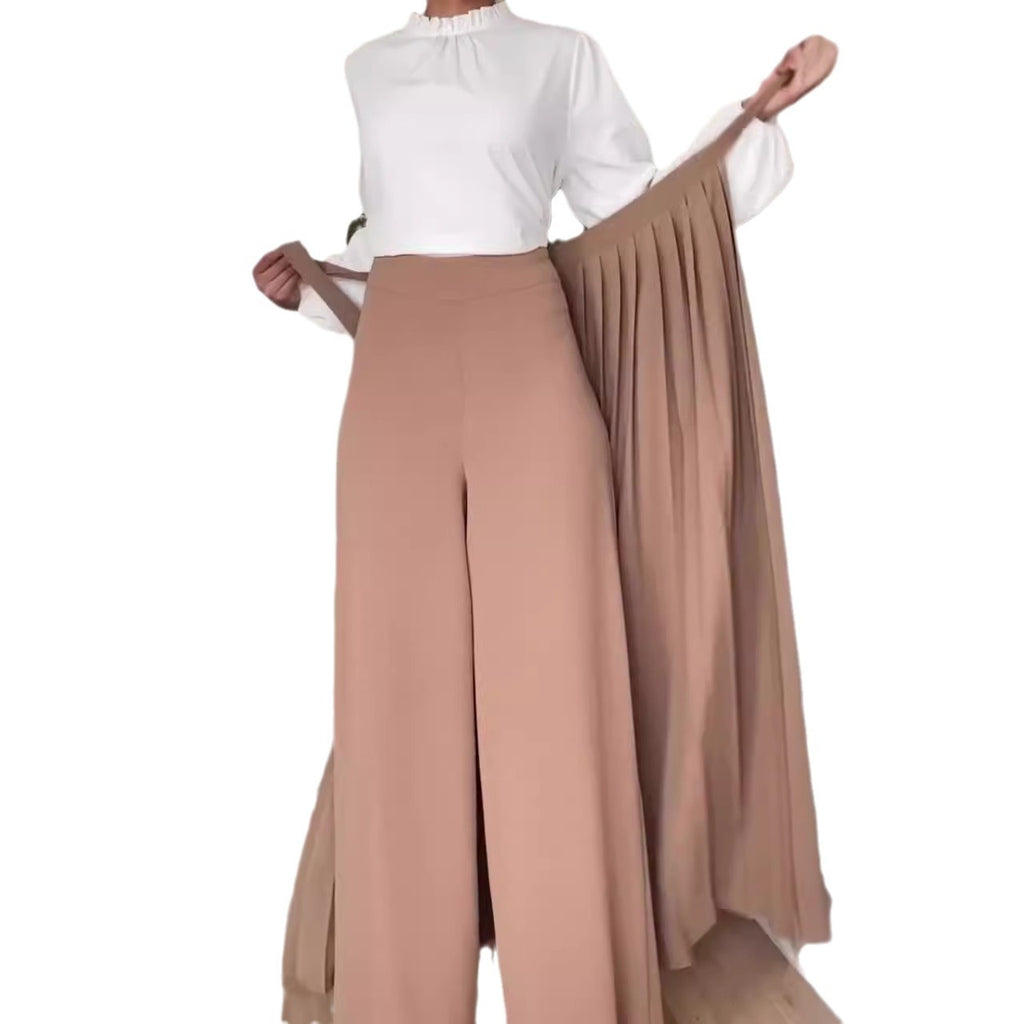 Solid-Color Wide-Leg Pleated Pants With Ties