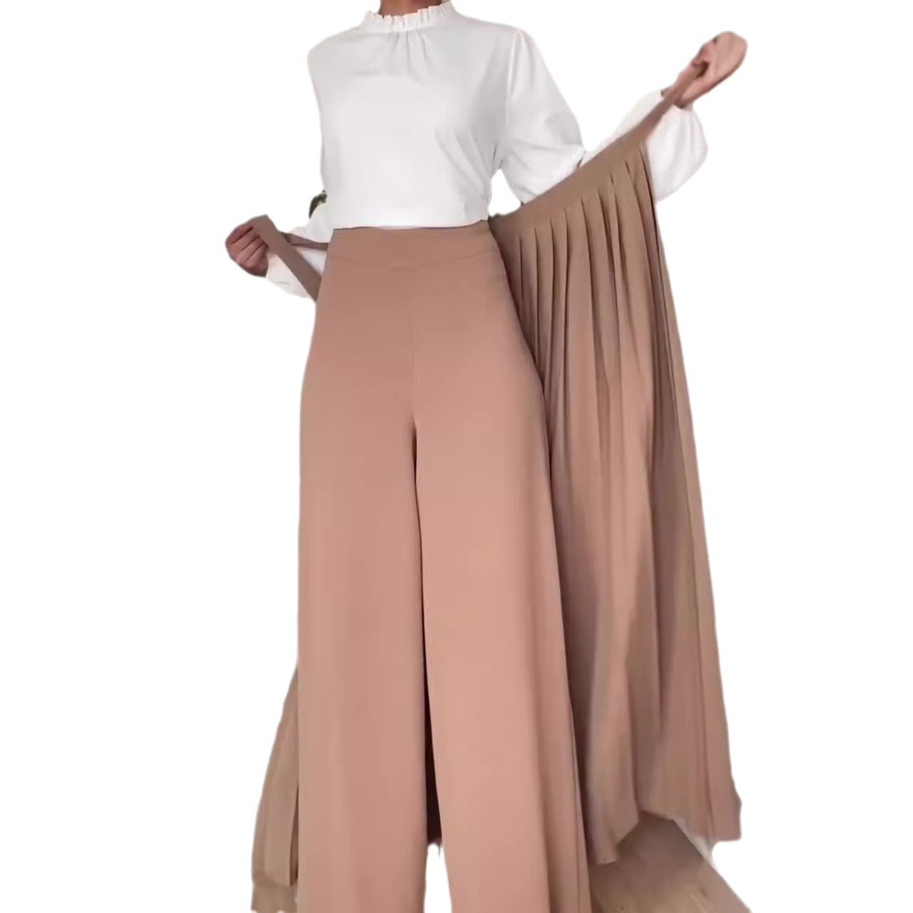 Solid-Color Wide-Leg Pleated Pants With Ties