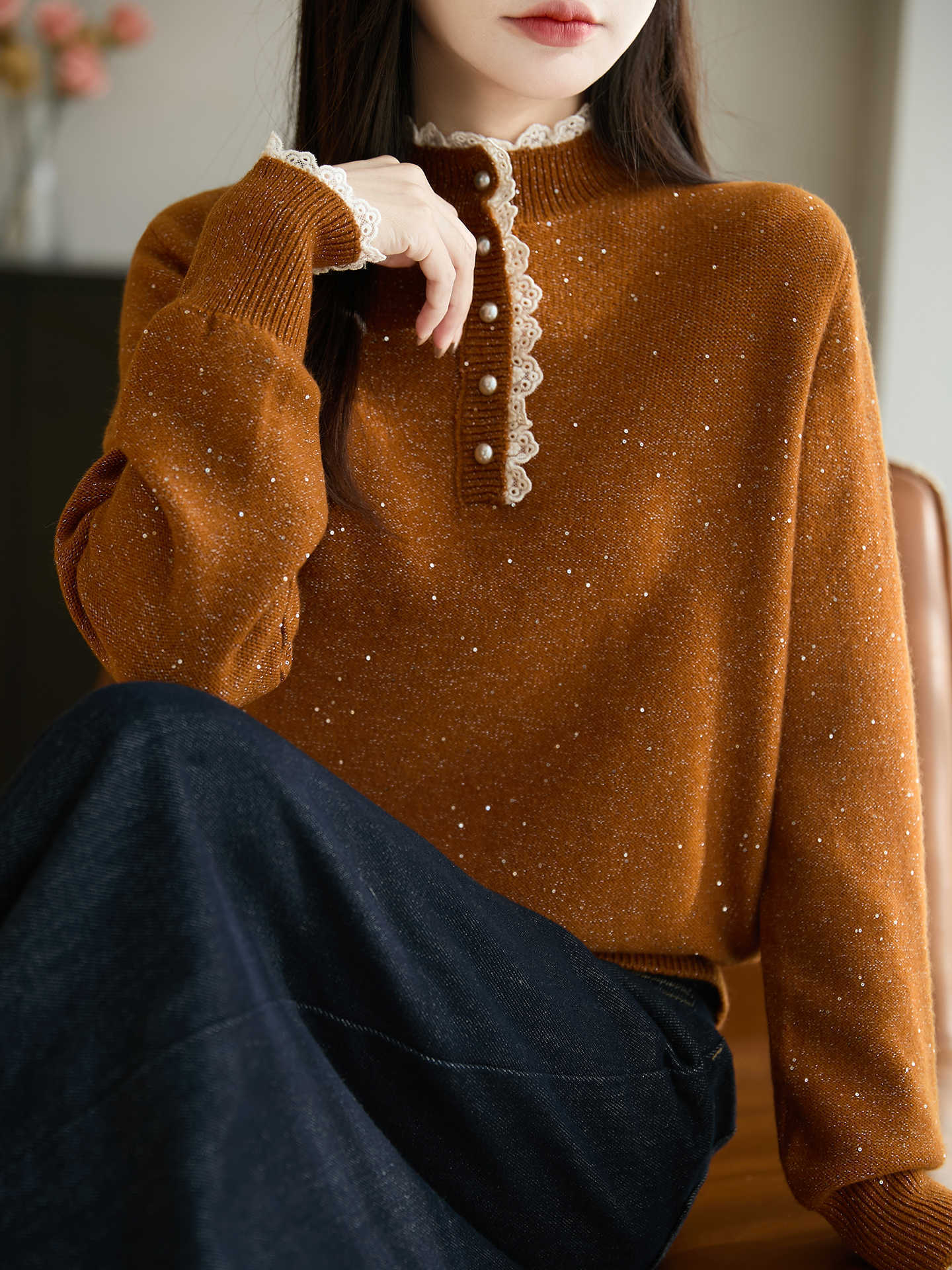 Womens Lace Mock Neck Base Layer Top