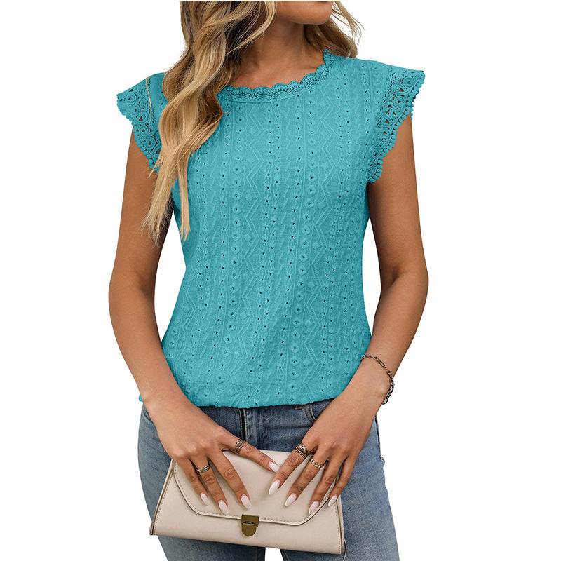 Solid Color Round Neck Short Sleeves Lace Stitching Hollow T-shirt Women