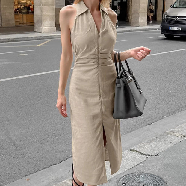 Khaki Cotton And Linen Slim-fit Waist-tight Dress