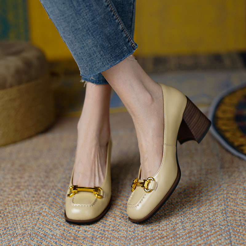 Womens Retro Square-Toe French-Style Chunky-Heel Pumps