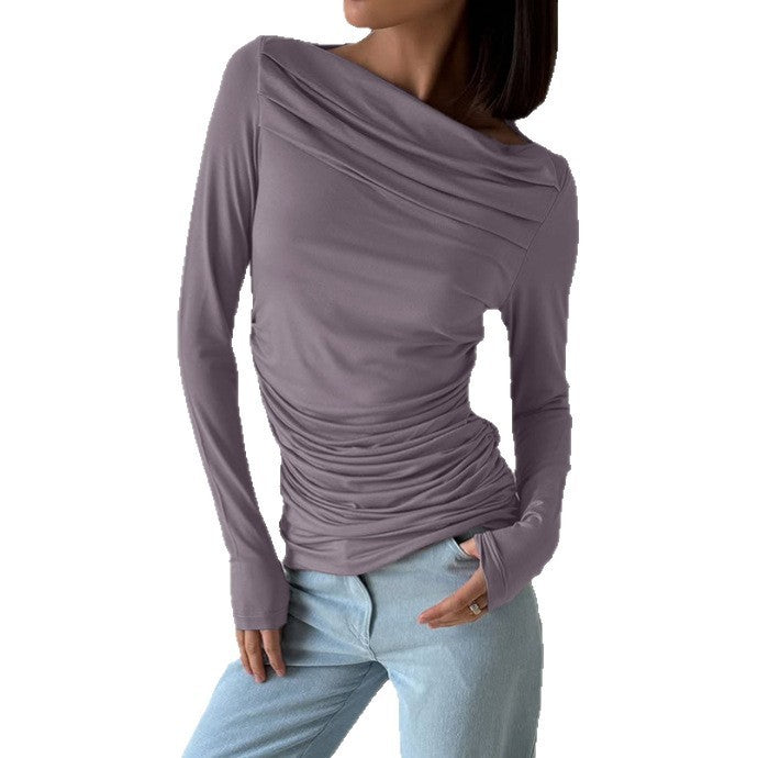 Niche Gathered Waist Regular Shoulder Long Sleeve T-shirt