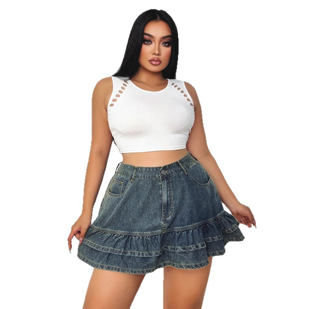 Womens Flounced A-Line High-Waist Denim Skirt