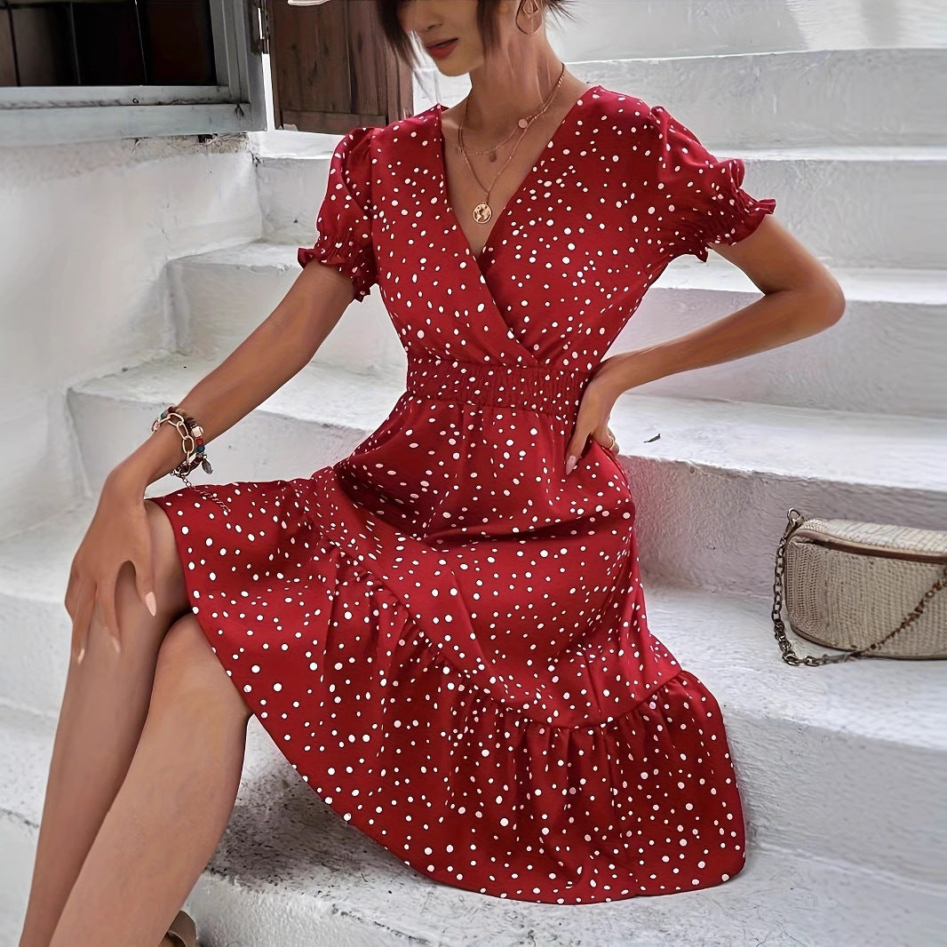 Casual Short Sleeve Cross Collar Polka Dot Dress