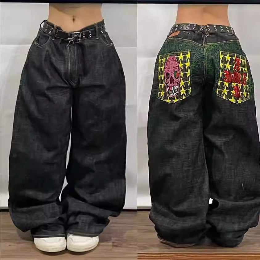 American High Street Personalized Patterns Loose Straight Wide Leg Jeans