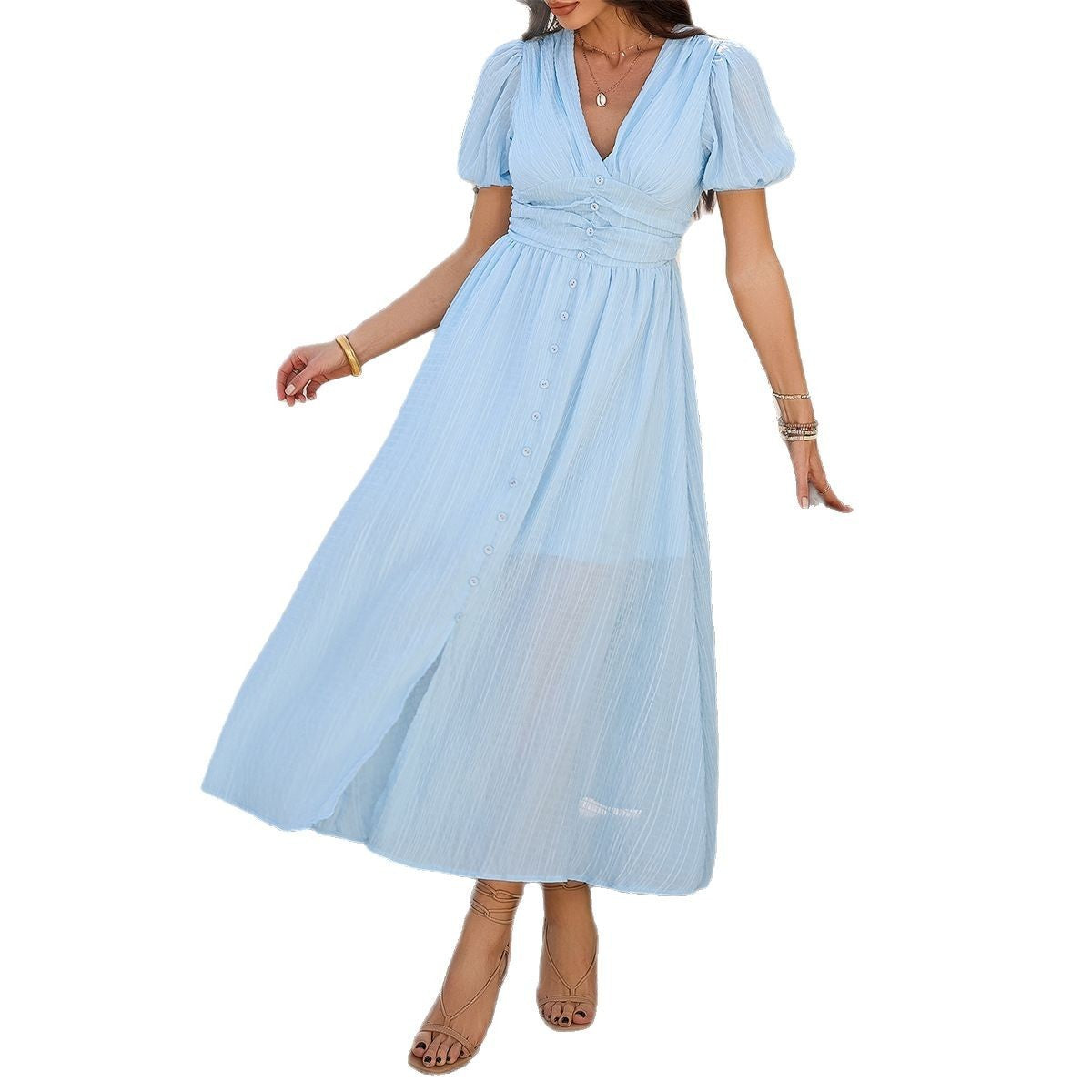 Leisure Commute Vacation Style V-neck High Waist Short Sleeve Split Dress Women