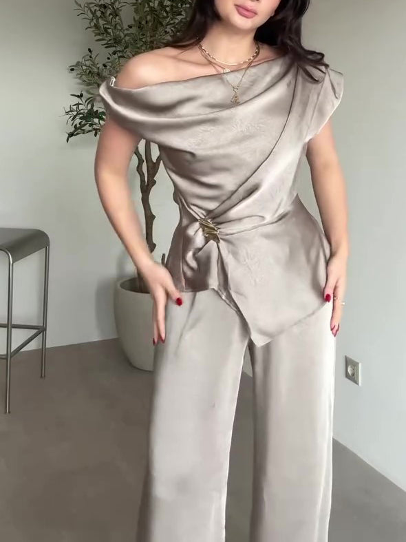 Light Champagne Satin Draped Neck Twist Top & Wide-Leg Pants Set