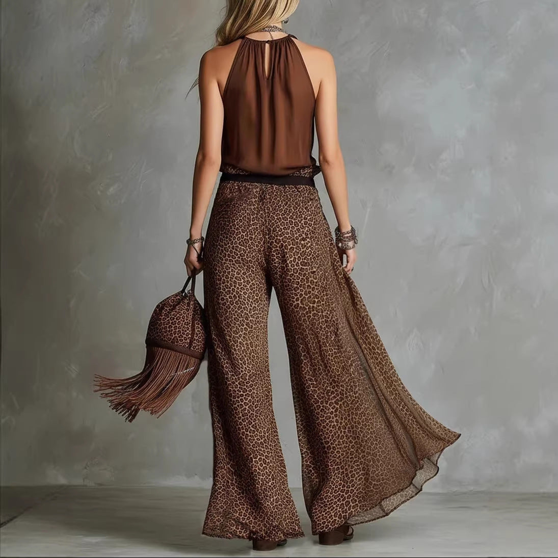 Leopard-print Sheer Wide-leg Pants Sleeveless Tank Top As A Base Layer