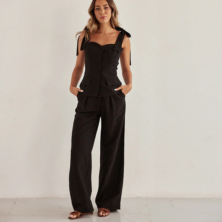 Black Bandeau Sling Top High Waist Wide Leg Pants Two-piece Suit