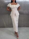 Ivory Off Shoulder Ruffle Top & Tailored High Waisted Skirt 2-Piece Set