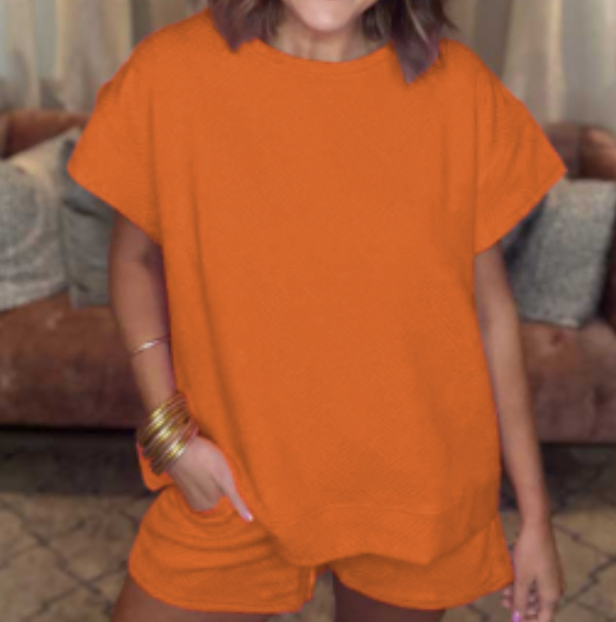 Solid Color Round Neck Short Sleeves Top Shorts Suit