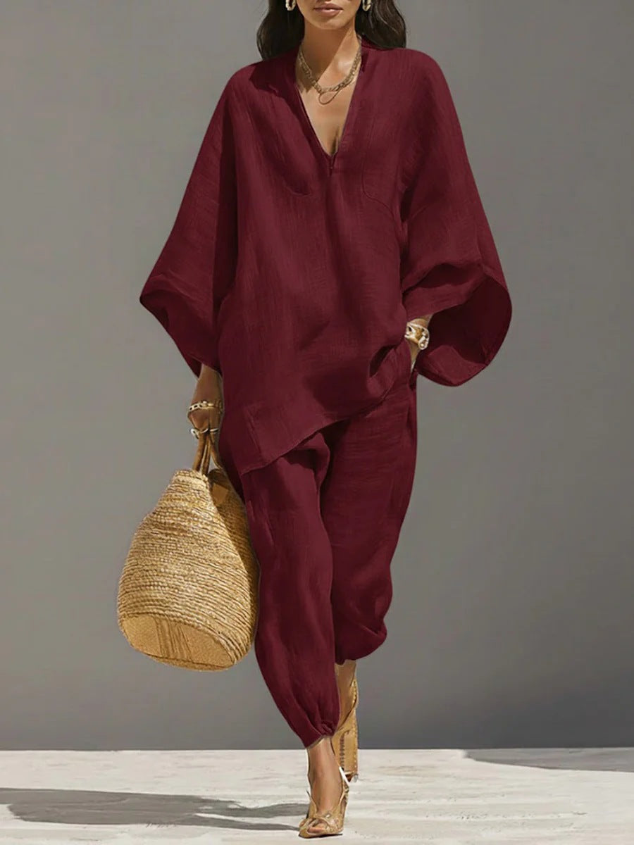 Casual Relaxed Loose-Fitting Solid-Color Shirt Set