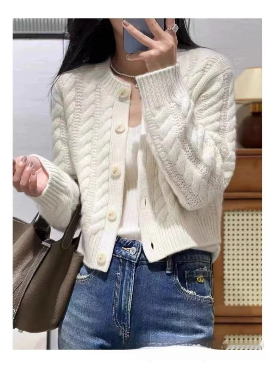 High Waist Thickened Round Neck Twist Soft Glutinous Knitted Cardigan Sweater