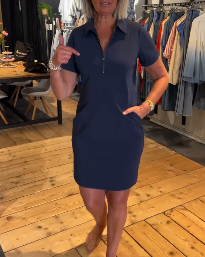 European And American Fashion Casual Lapel Short Sleeve Zipper Solid Color Dress