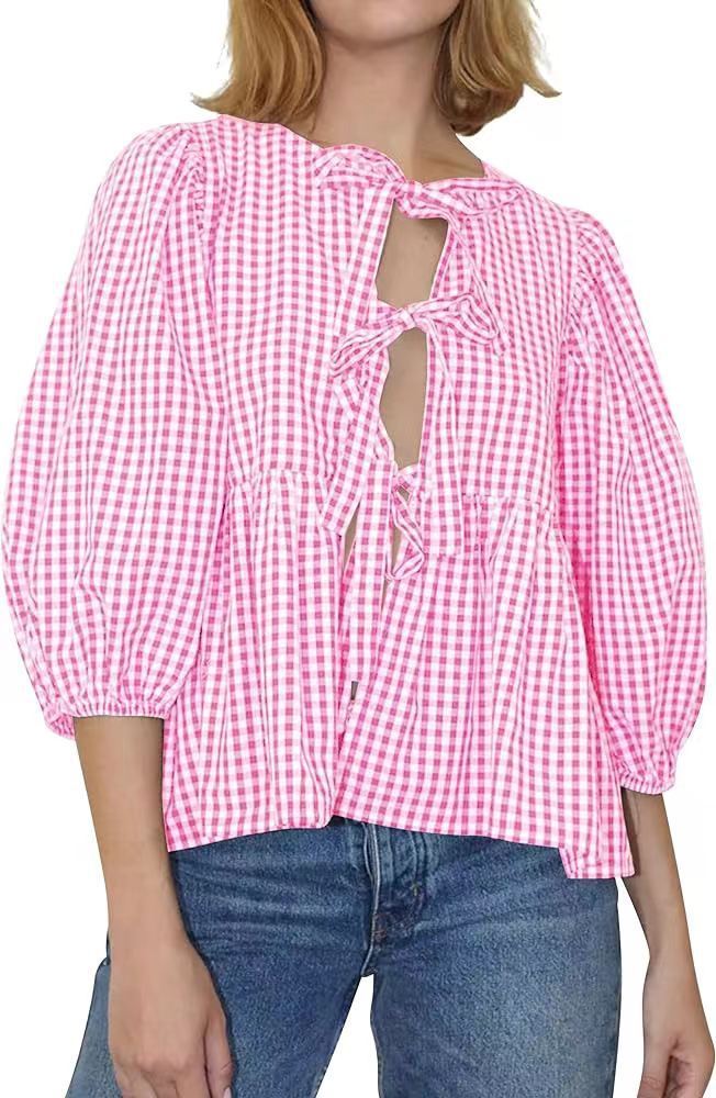 Spring And Summer New Women's Sweet And Casual Round Neck Bubble Sleeve Tied Striped Shirt
