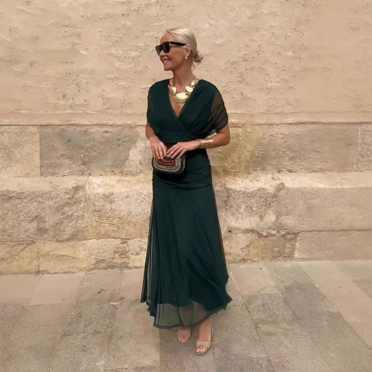 European And American Spring Summer Mesh Printed Camisole Dress