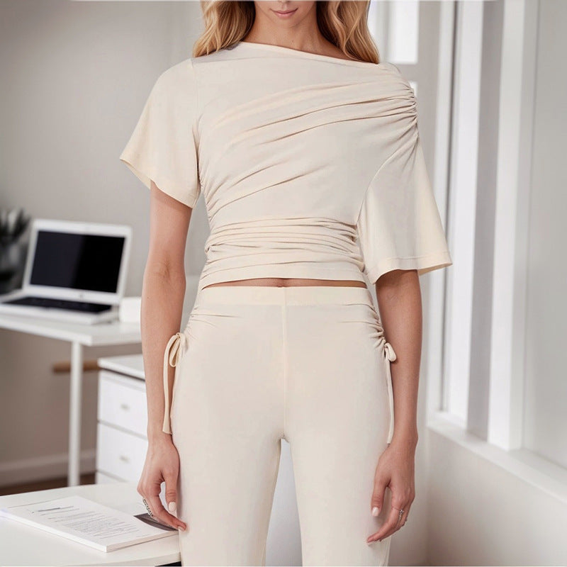 European And American Solid Color Off-neck Pleated Slim Vest T-shirt