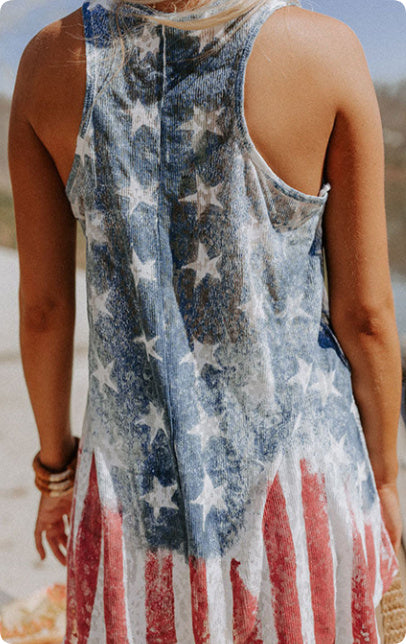 Blue Vintage Washed Flag Print  Tank Top