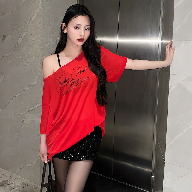 Women's Thin Letter Print Design Shoulder Short Sleeve T-shirt
